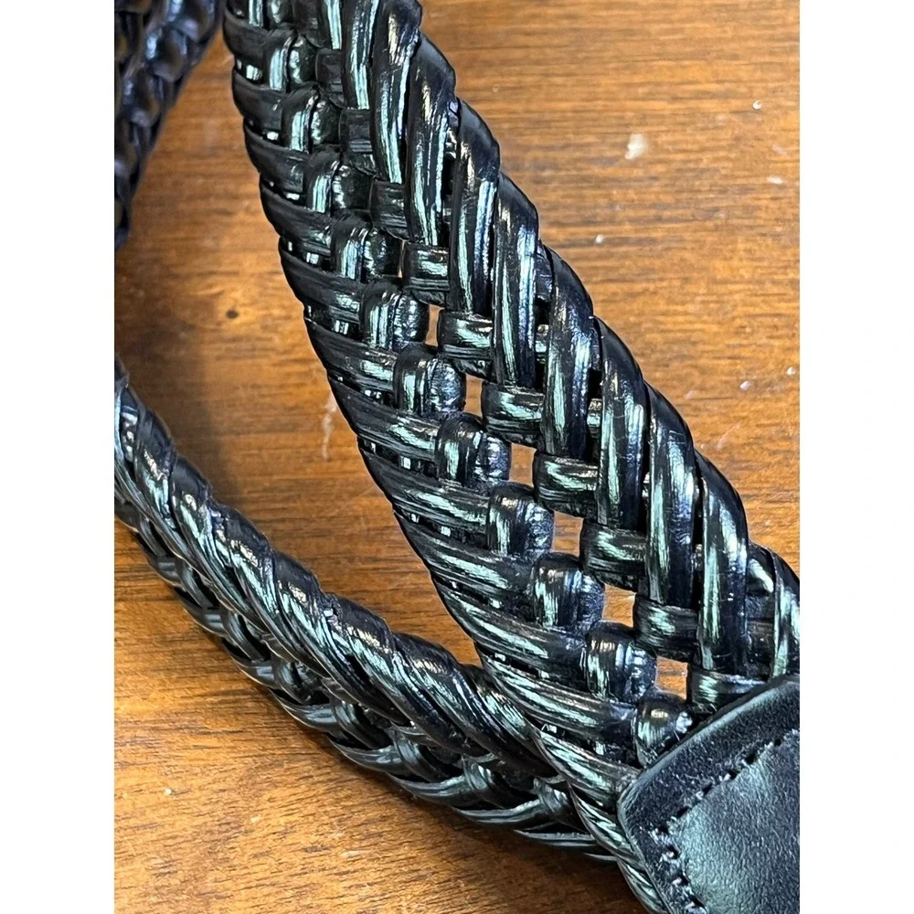 Men's Black Braided Woven Faux Leather Belt Size 42/105 Silver Buckle Casual